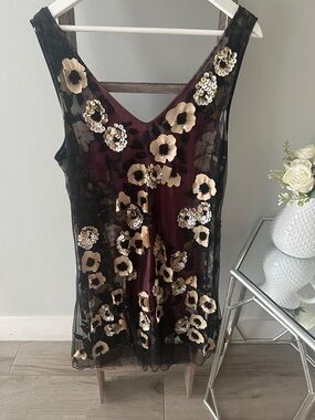 Neiman Marcus Black Sheer Floral Sequin Tunic with Burgundy Lining